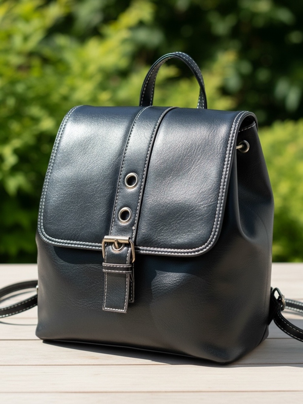 The Stone Black Faux Leather Mini Backpack Purse Contrast Stitch